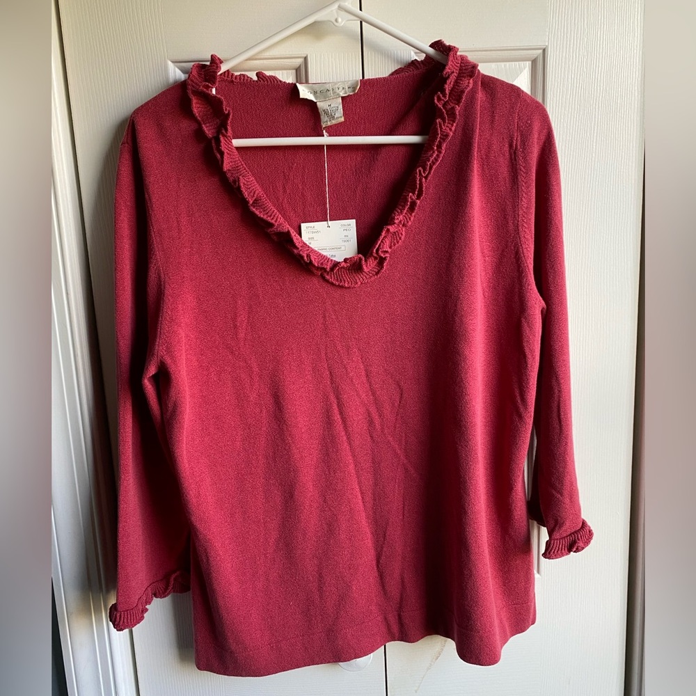 Doncaster Womens Raspberry Colored Ruffled Trim Sweater Size Medium NWT